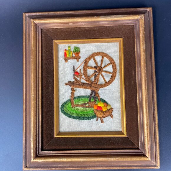 Jiffy Stitchery Other - Jiffy Stitchery Spinning Wheel Loom Yarn Basket Crewel Embroidery  Framed